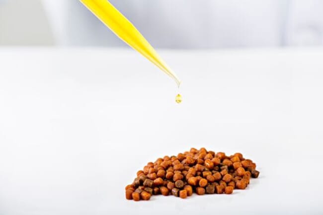 Oil being dropped on formulated fish feed.