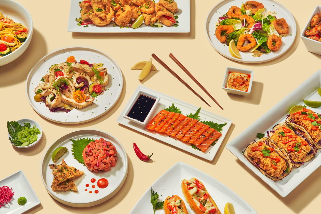 table with plant-based seafoods