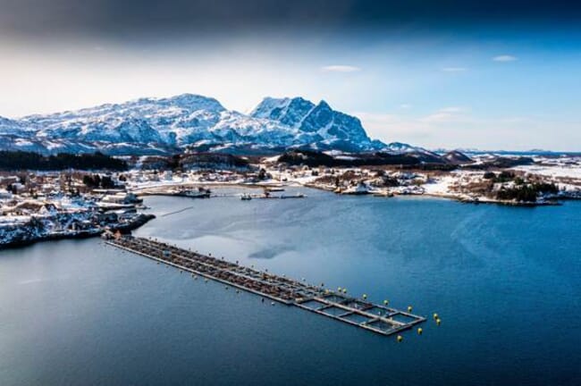 An aerial view of a fish farming research station situated on a snowy coastline.