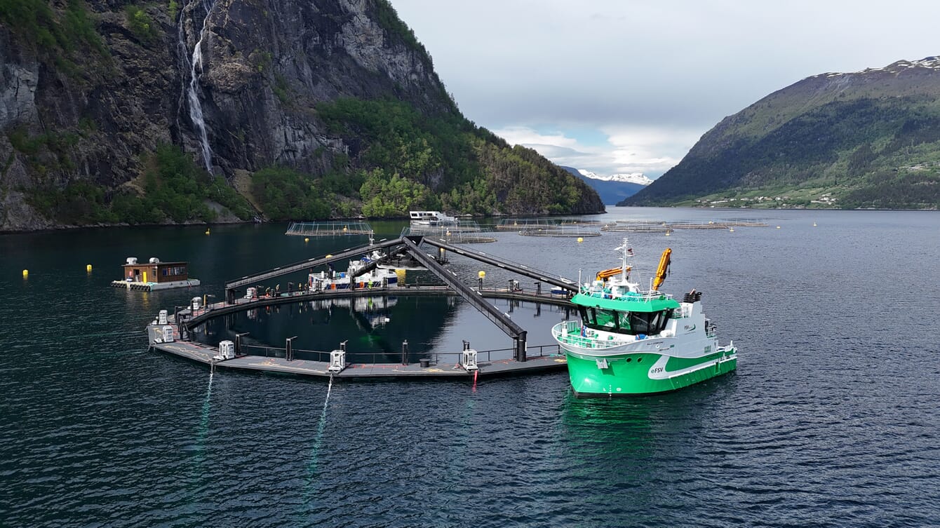 A hybrid vessel near some salmon aquaculture cages in Norway.