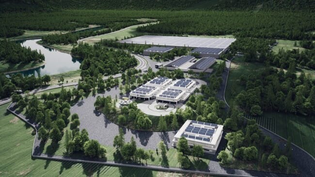 Aerial view of land-based fish farm.