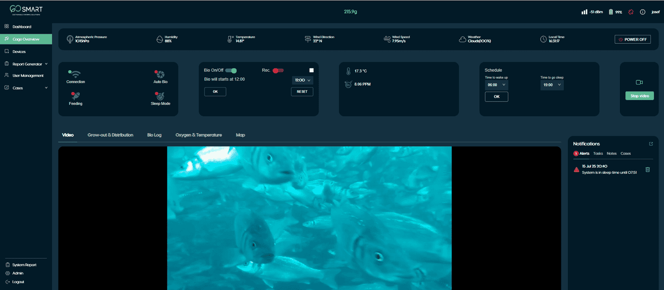A screenshot of a user interface of sensors used in aquaculture.