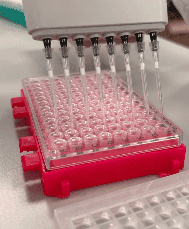 A scientist holding a pipette in a lab.